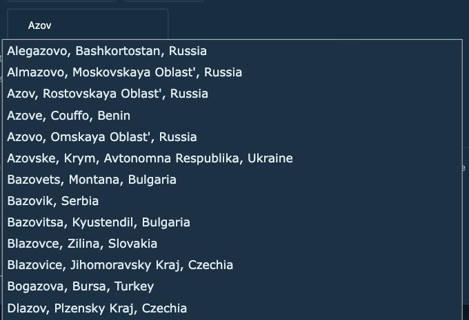 City search results for Azov, with Alegazovo and Almazovo listed above Azov itself